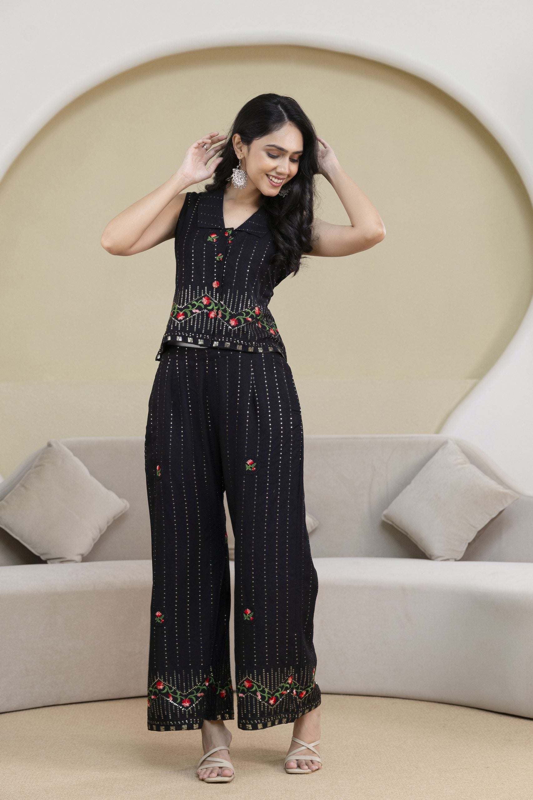 Black Floral Rayon Embroidered Set By Vaaki