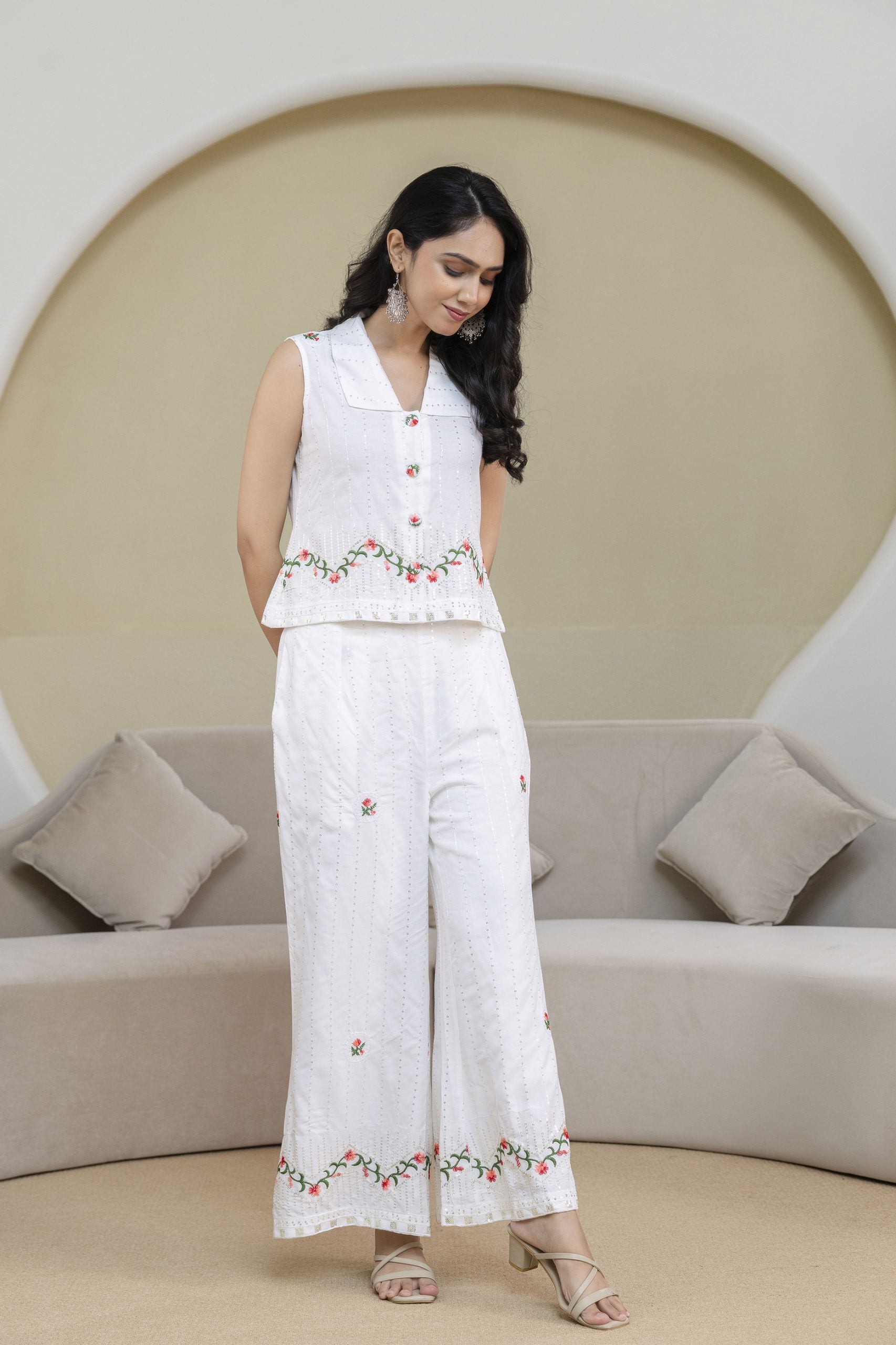 "Raag White Floral Embroidered Co-ord Set"