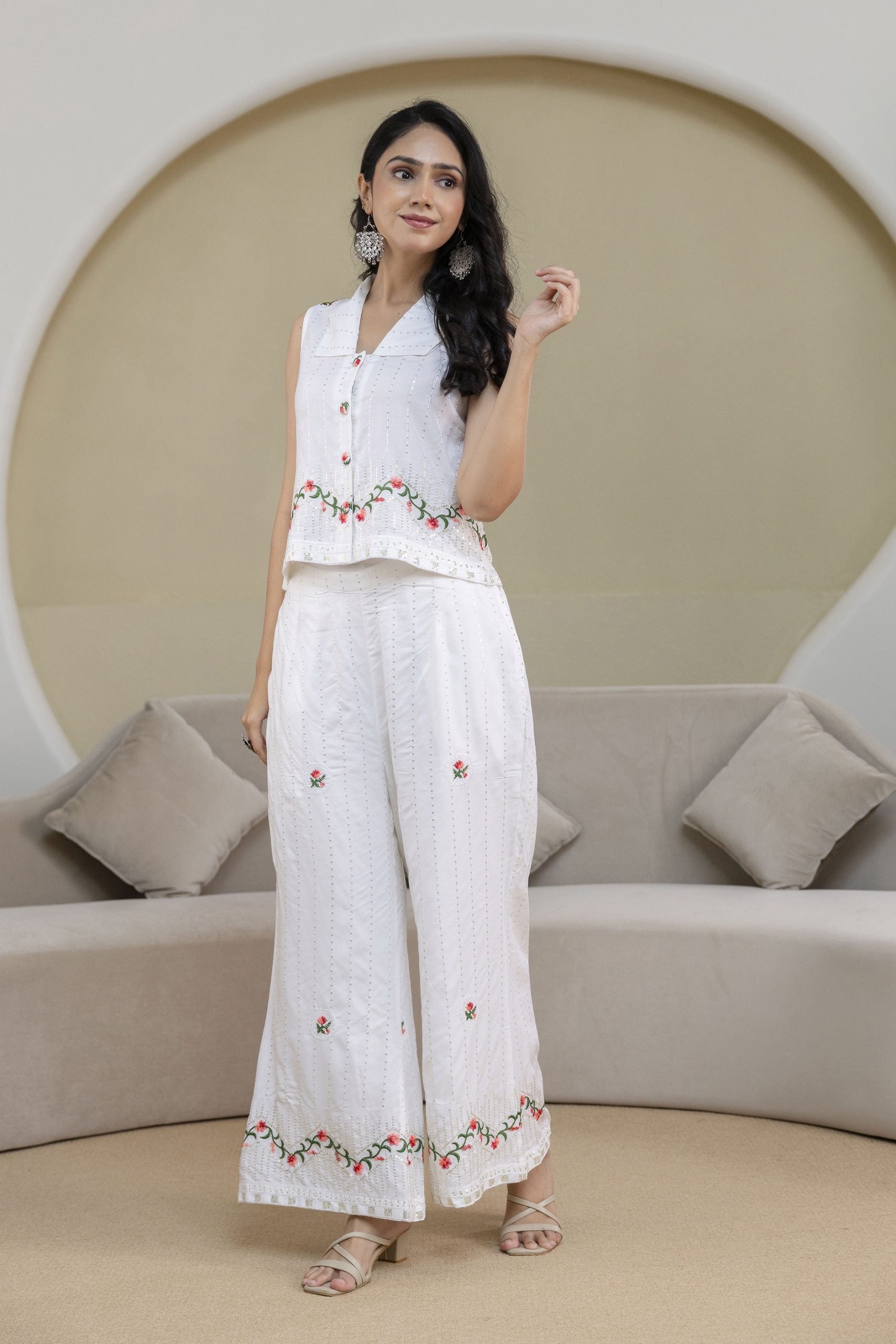 "Raag White Floral Embroidered Co-ord Set"
