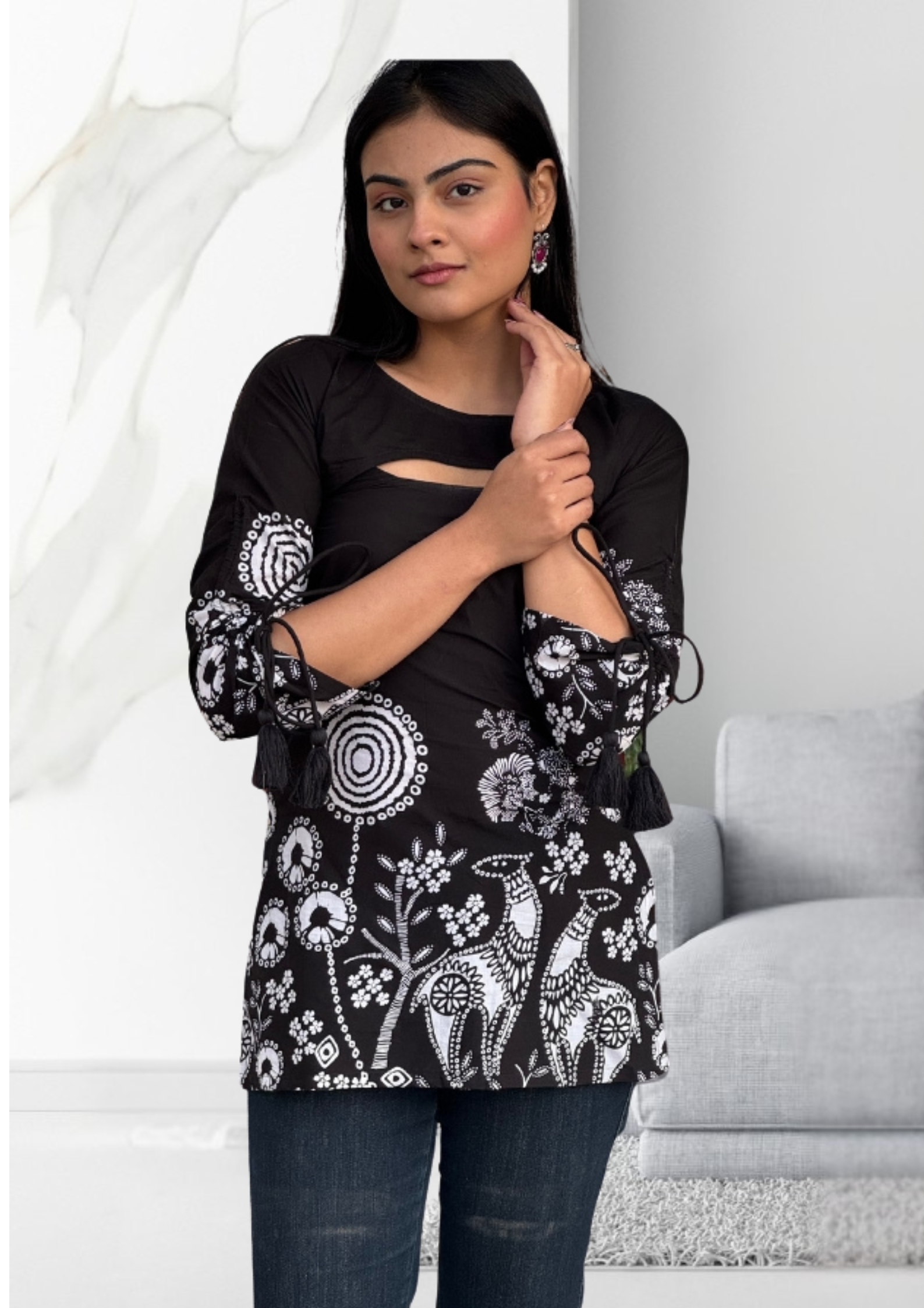 Black Cotton Safari Print Kurti Top for Women | Full Sleeve Cut-Out Neck Casual Ethnic Tunic