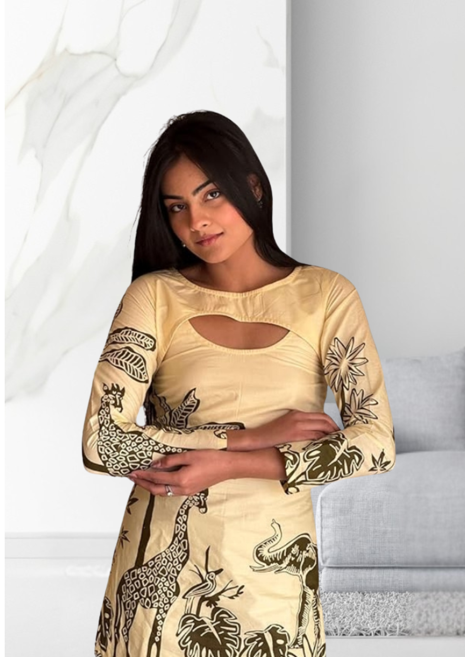 Cream Cotton Safari Print Kurti Top for Women | Full Sleeve Cut-Out Neck Casual Ethnic Tunic