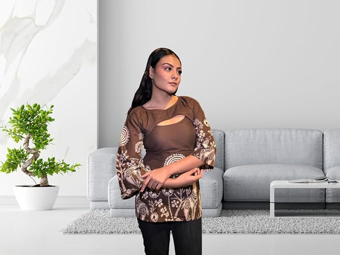 Cotton Safari Print Kurti Top for Women | Full Sleeve Cut-Out Neck Casual Ethnic Tunic