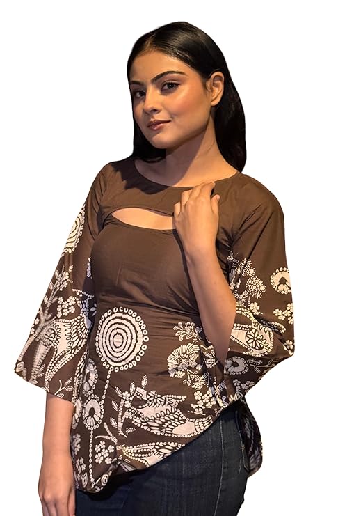Brown Cotton Safari Print Kurti Top for Women | Full Sleeve Cut-Out Neck Casual Ethnic Tunic