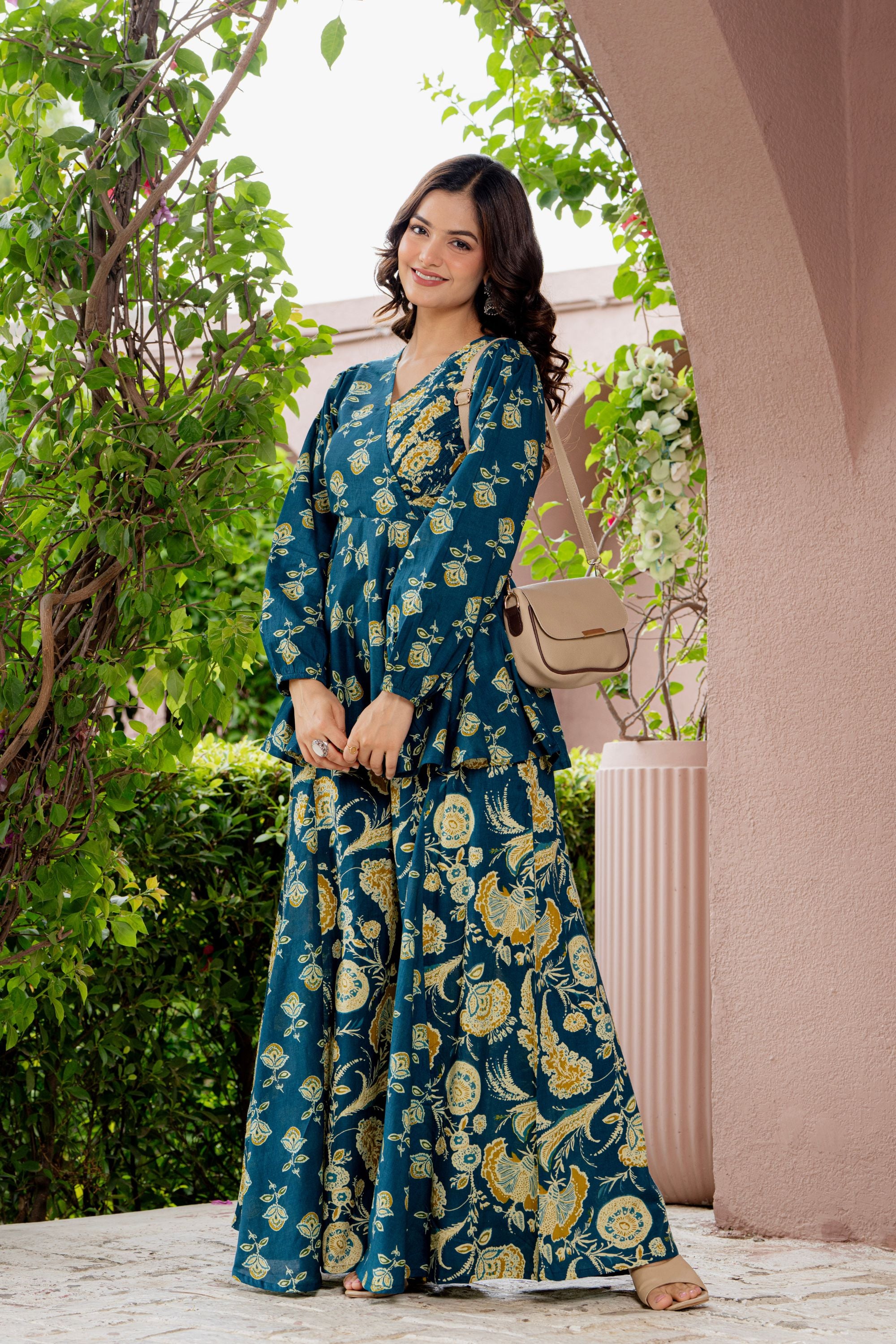 Draksha Teal Blue Printed Premium Cotton Co-ord Set