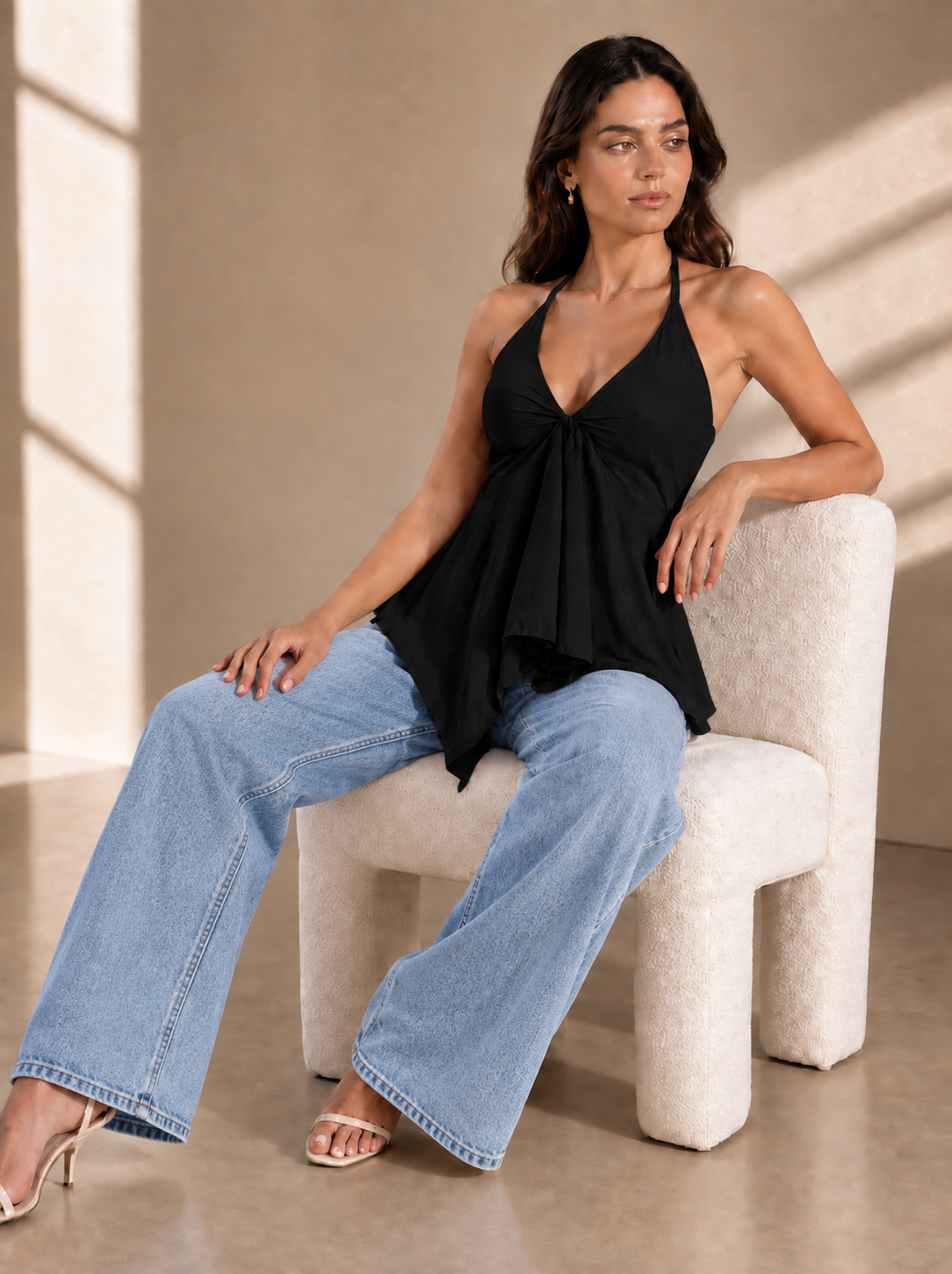 Women’s Black Crepe Halter Neck Top – Back Smocked, Sleeveless & Flared Fit