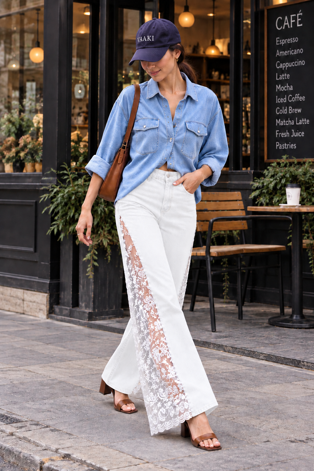 Engage White Women’s Lace Panel Wide Leg Flared Denim Jeans