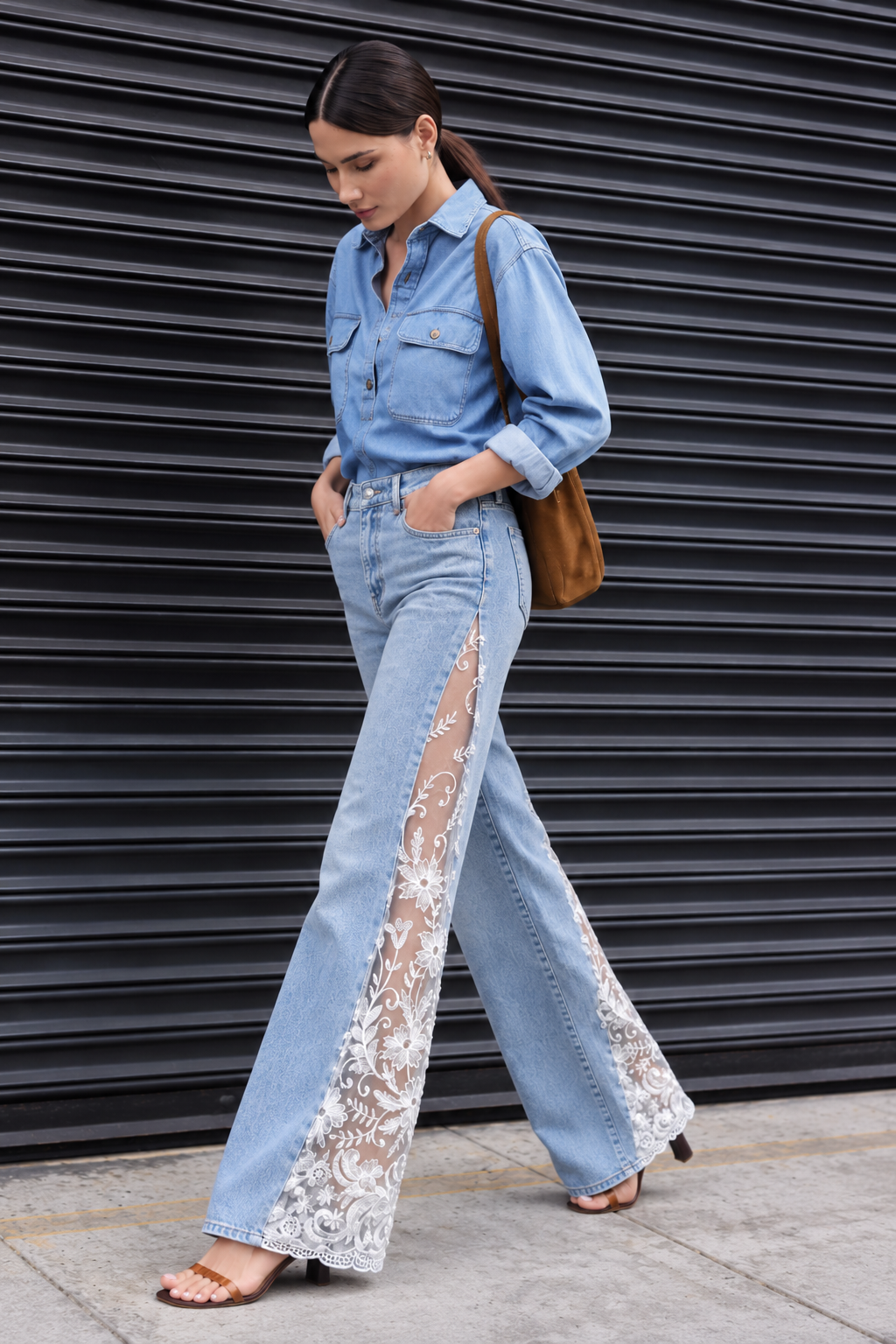 Engage Light Blue Women’s Lace Panel Wide Leg Flared Denim Jeans
