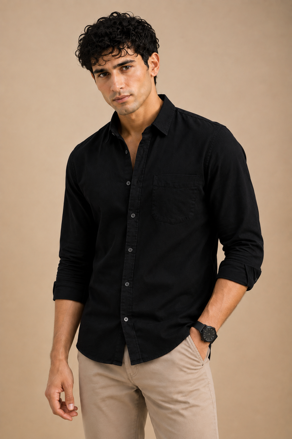 Black cotton full sleeve casual shirt for men with chest pocket, view 6