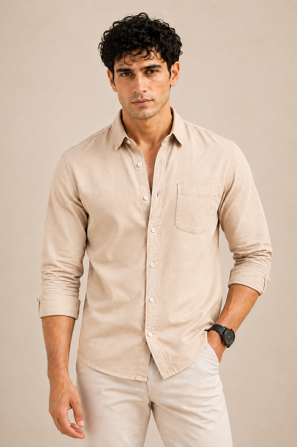 Cream beige cotton casual shirt for men, full sleeves rolled