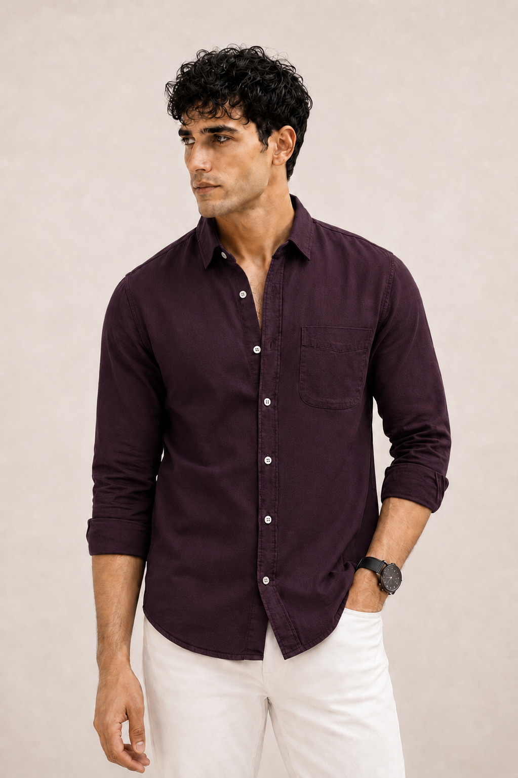 Deep plum purple cotton casual shirt for men, full sleeve, view 6
