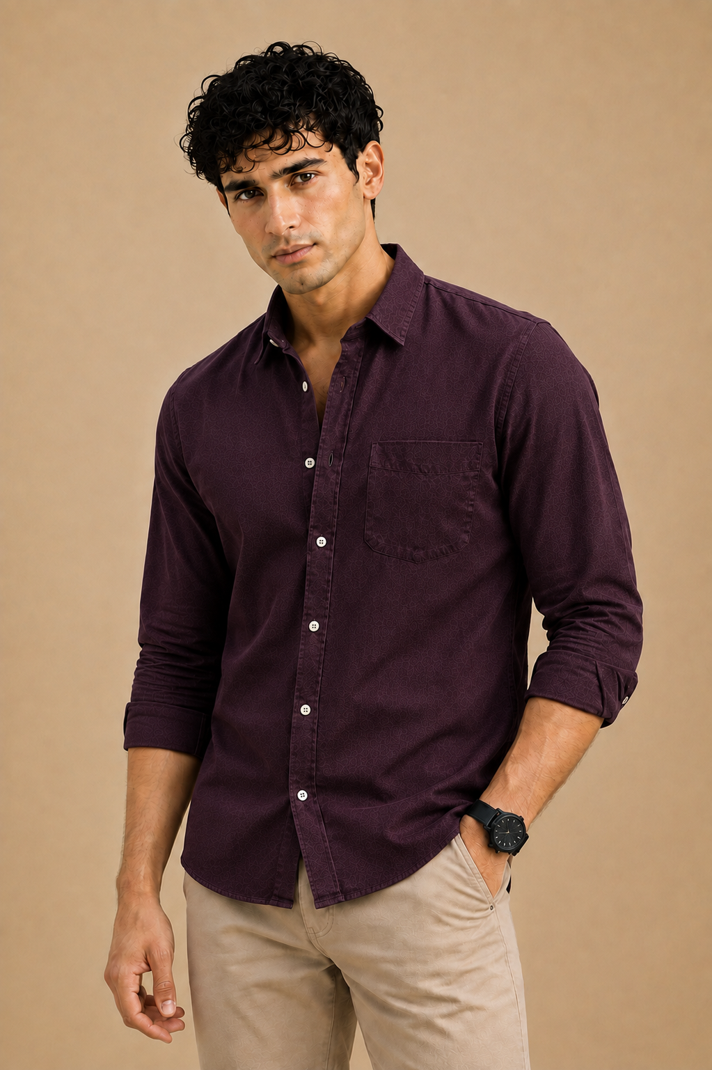 Deep plum purple cotton casual shirt for men, full sleeve, view 5