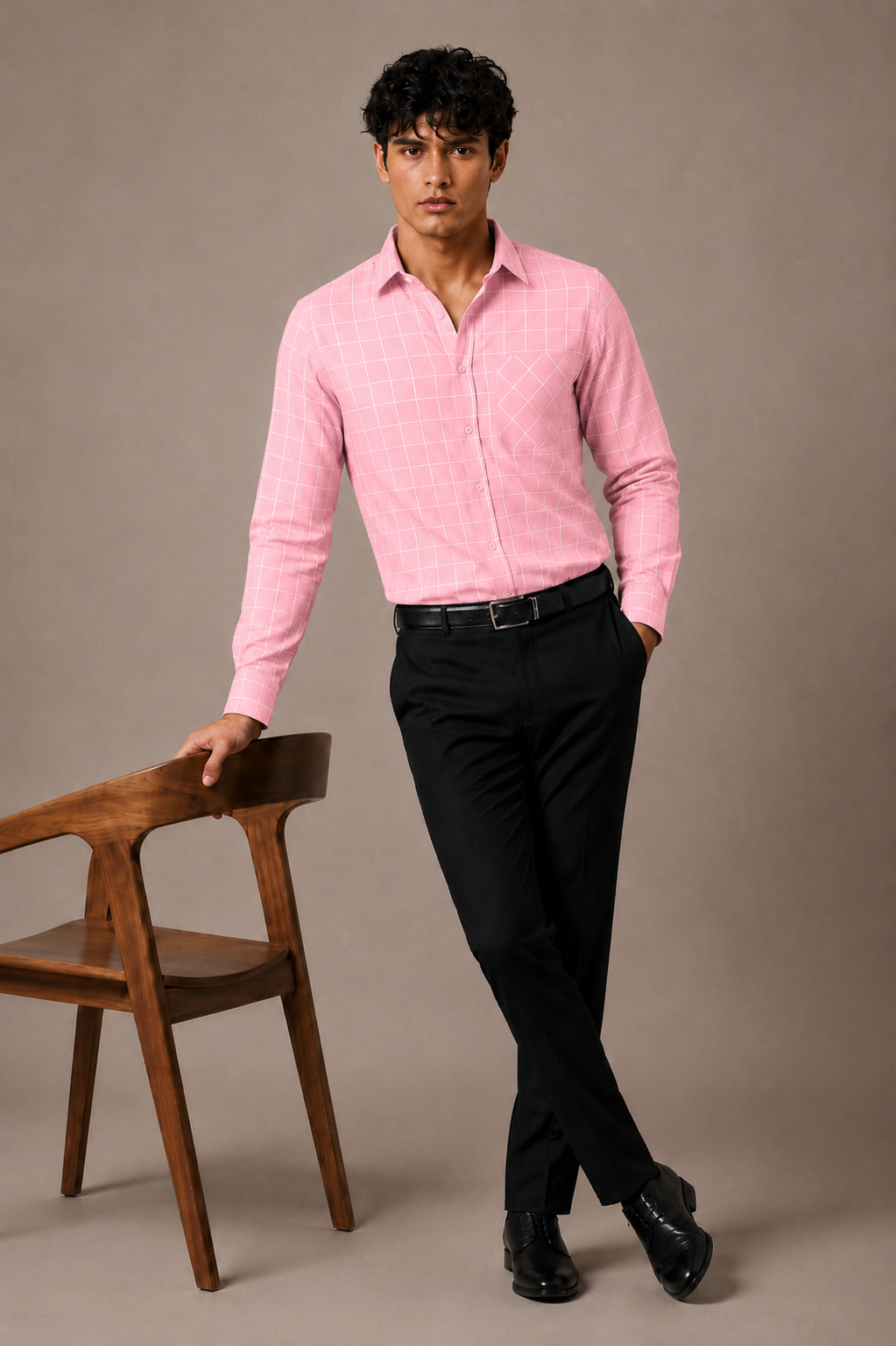 Rose pink windowpane check cotton shirt for men, full sleeve, view 3