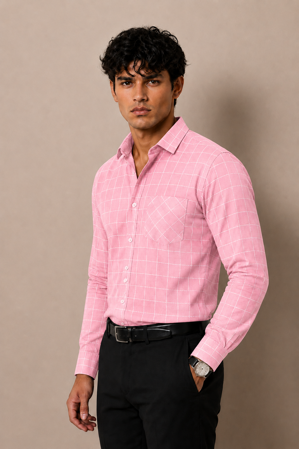 Rose pink windowpane check cotton shirt for men, full sleeve, view 2