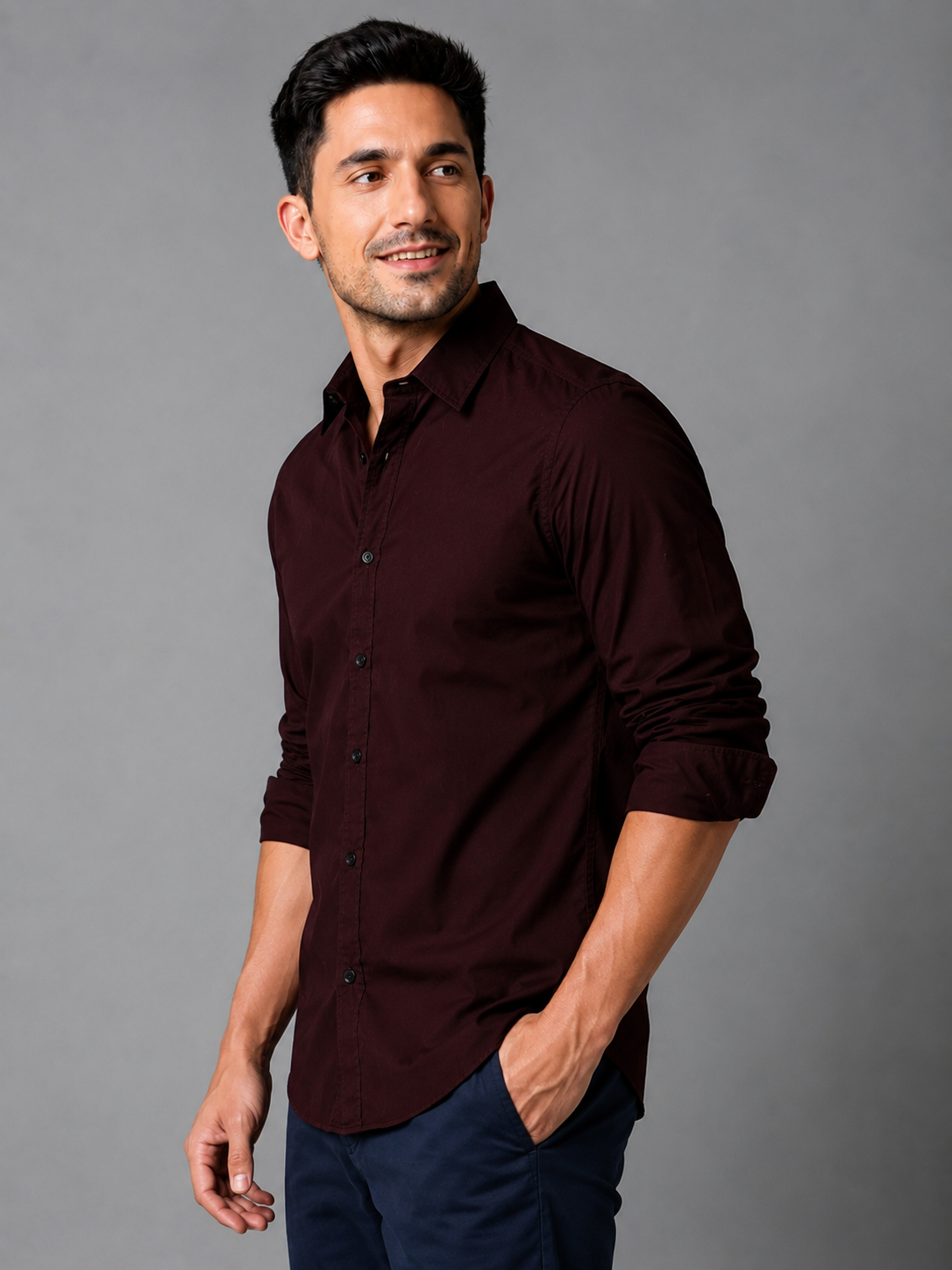 Deep maroon cotton formal shirt for men with button cuffs, view 8