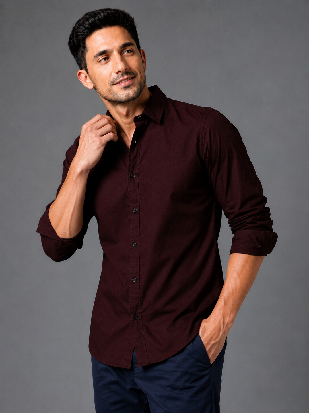Deep maroon cotton formal shirt for men with button cuffs, view 3