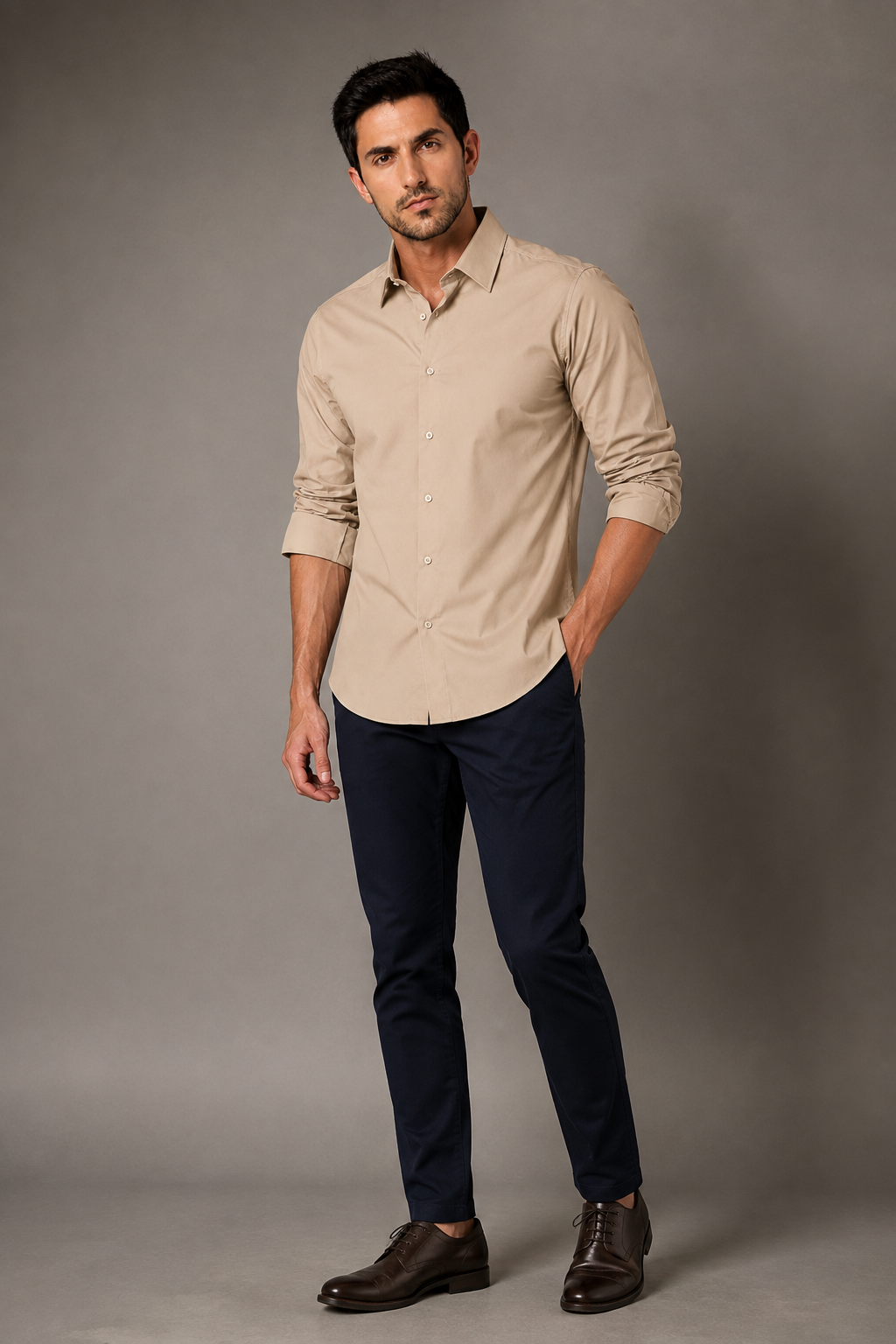 Beige cotton formal shirt for men with full sleeves and classic collar, view 5