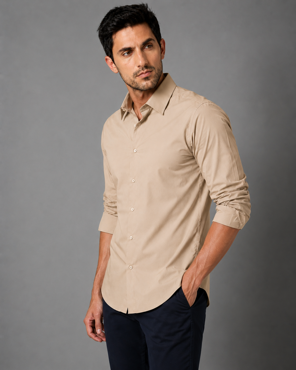 Beige cotton formal shirt for men with full sleeves and classic collar, view 8