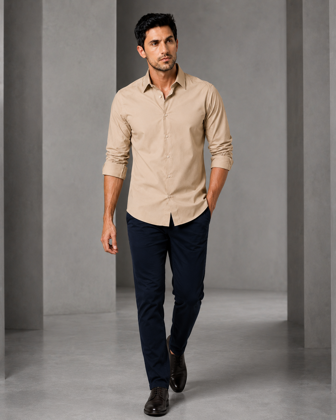 Beige cotton formal shirt for men with full sleeves and classic collar, view 7