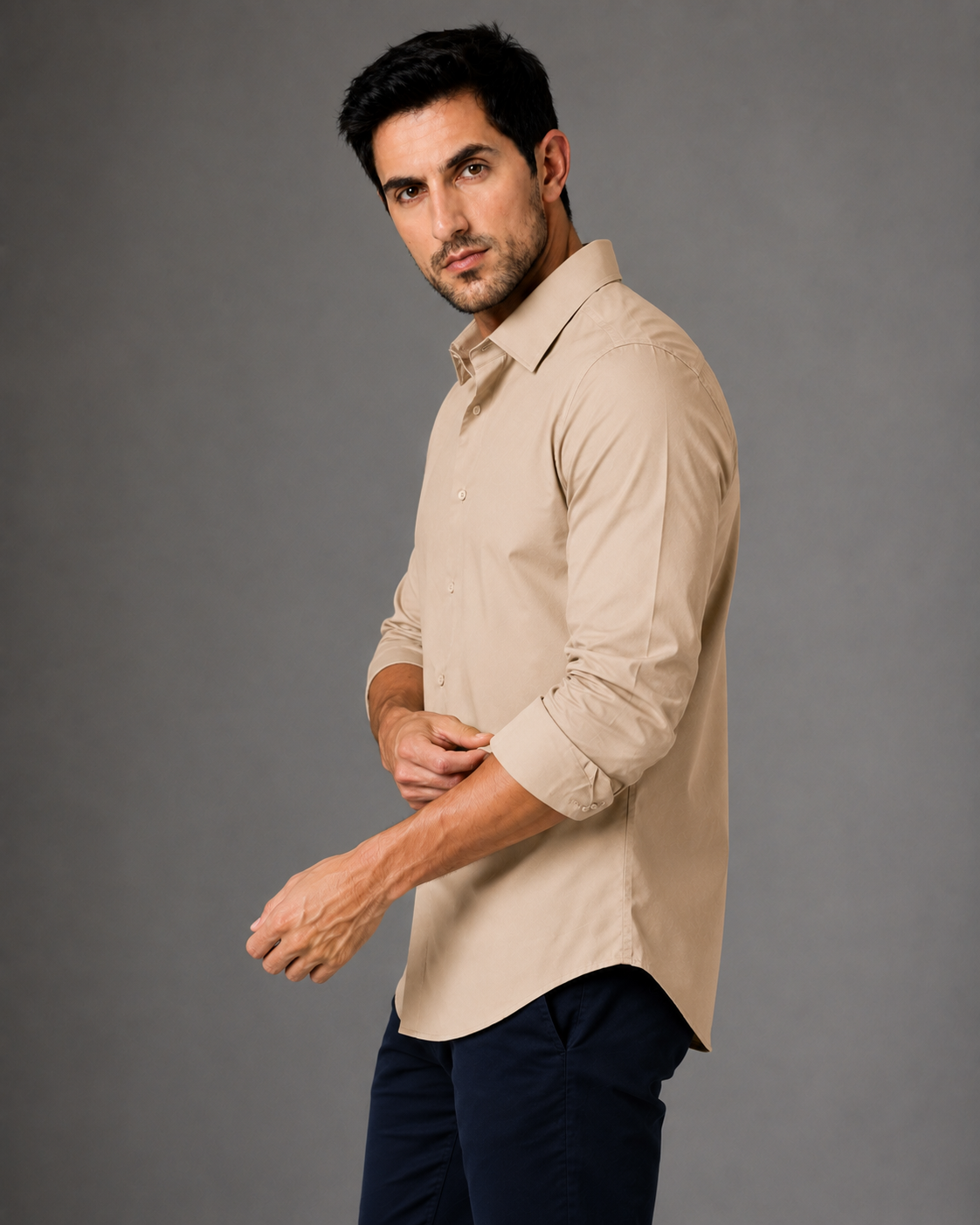Beige cotton formal shirt for men with full sleeves and classic collar, view 3