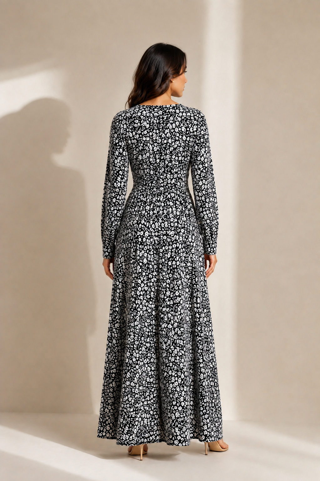 VAAKI Women's Black Floral Print Cotton Maxi Dress | V-Neck Long Sleeve Fit & Flare