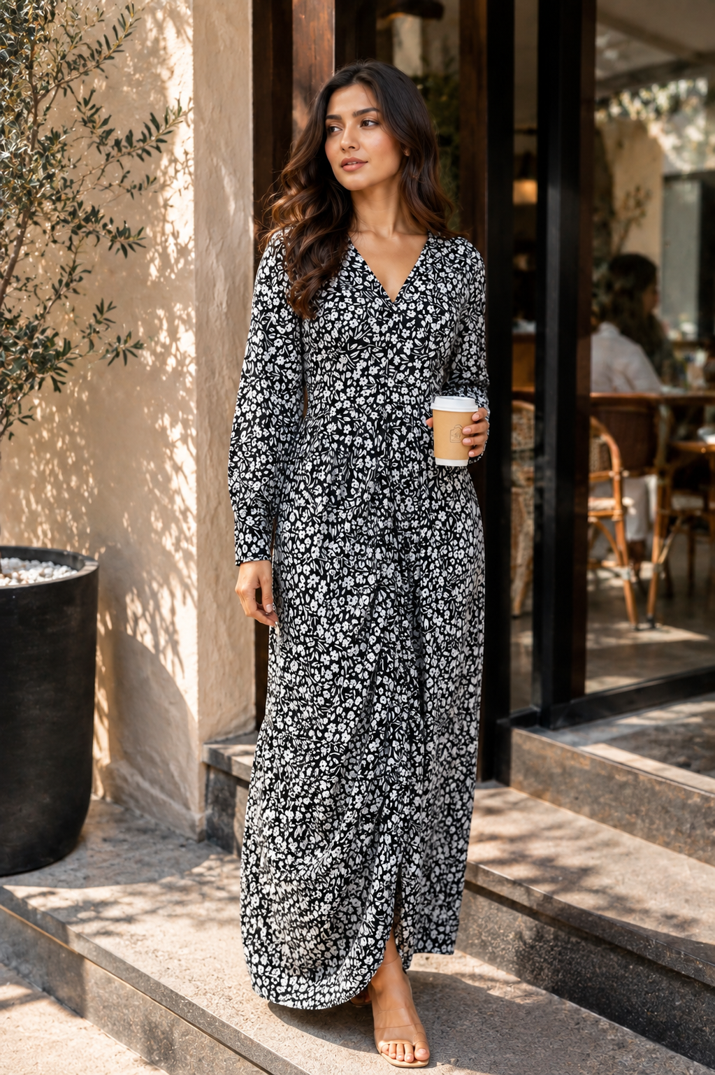 VAAKI Women's Black Floral Print Cotton Maxi Dress | V-Neck Long Sleeve Fit & Flare
