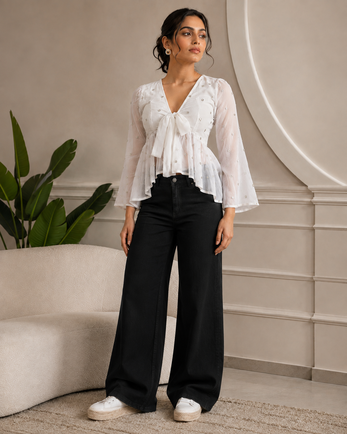 VAAKI Women's White Sheer Mesh Peplum Top | V-Neck Tie-Up Bell Sleeve Top