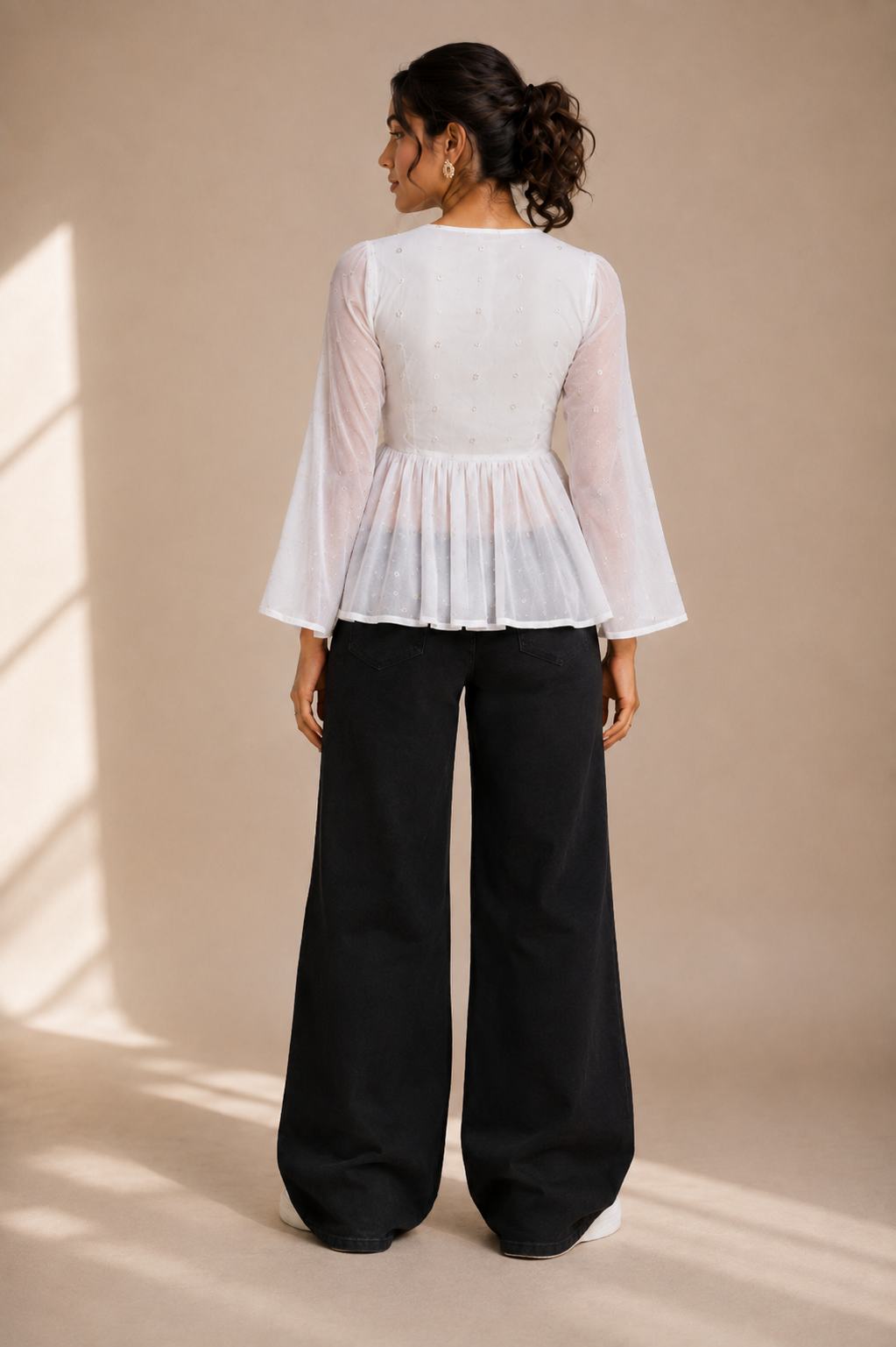 VAAKI Women's White Sheer Mesh Peplum Top | V-Neck Tie-Up Bell Sleeve Top