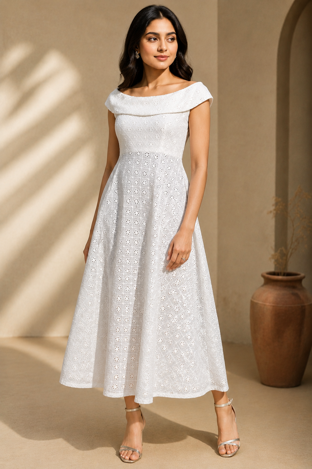 Women's White Embroidered Cotton Midi Dress | Off-Shoulder Fit & Flare Dress