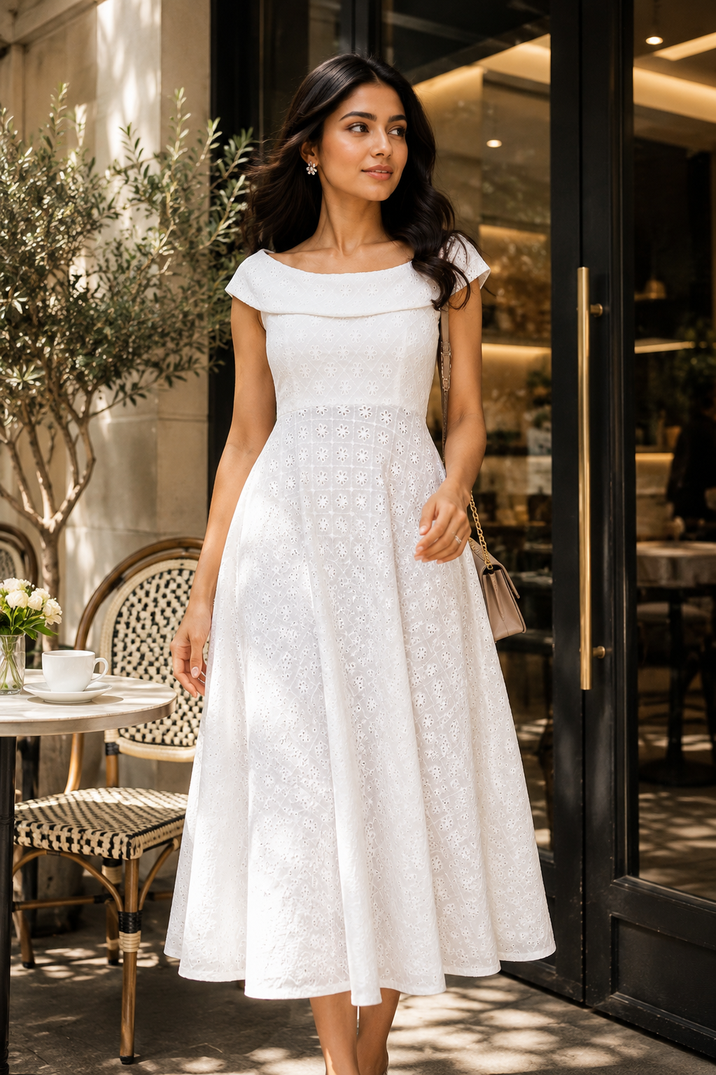 Women's White Embroidered Cotton Midi Dress | Off-Shoulder Fit & Flare Dress