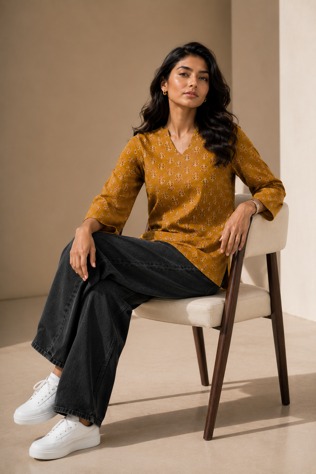 Nitya Women's Mustard Floral Print V-Neck Cotton Kurti Top