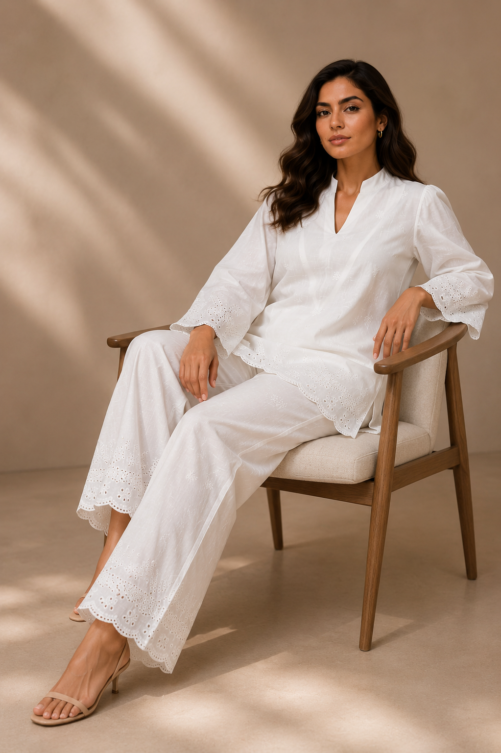 Bloom Women's White Cotton Chikankari Co-Ord Set | Embroidered Kurta & Pants