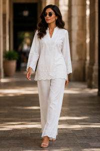 Bloom Women's White Cotton Chikankari Co-Ord Set | Embroidered Kurta & Pants