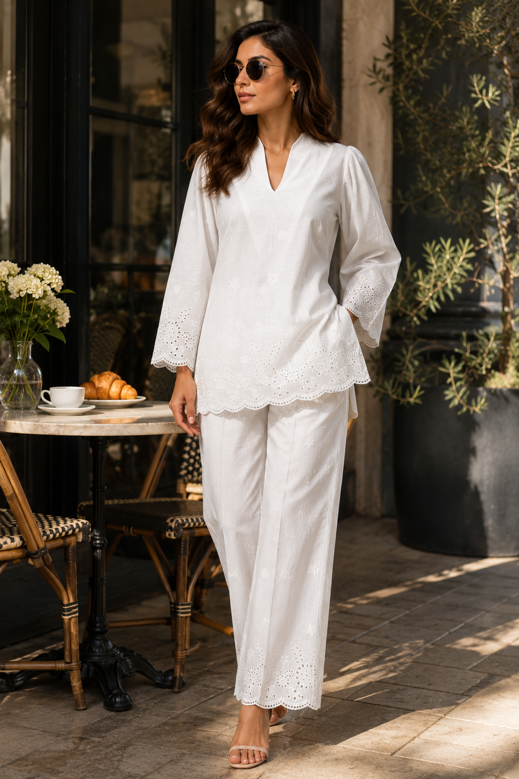 Bloom Women's White Cotton Chikankari Co-Ord Set | Embroidered Kurta & Pants