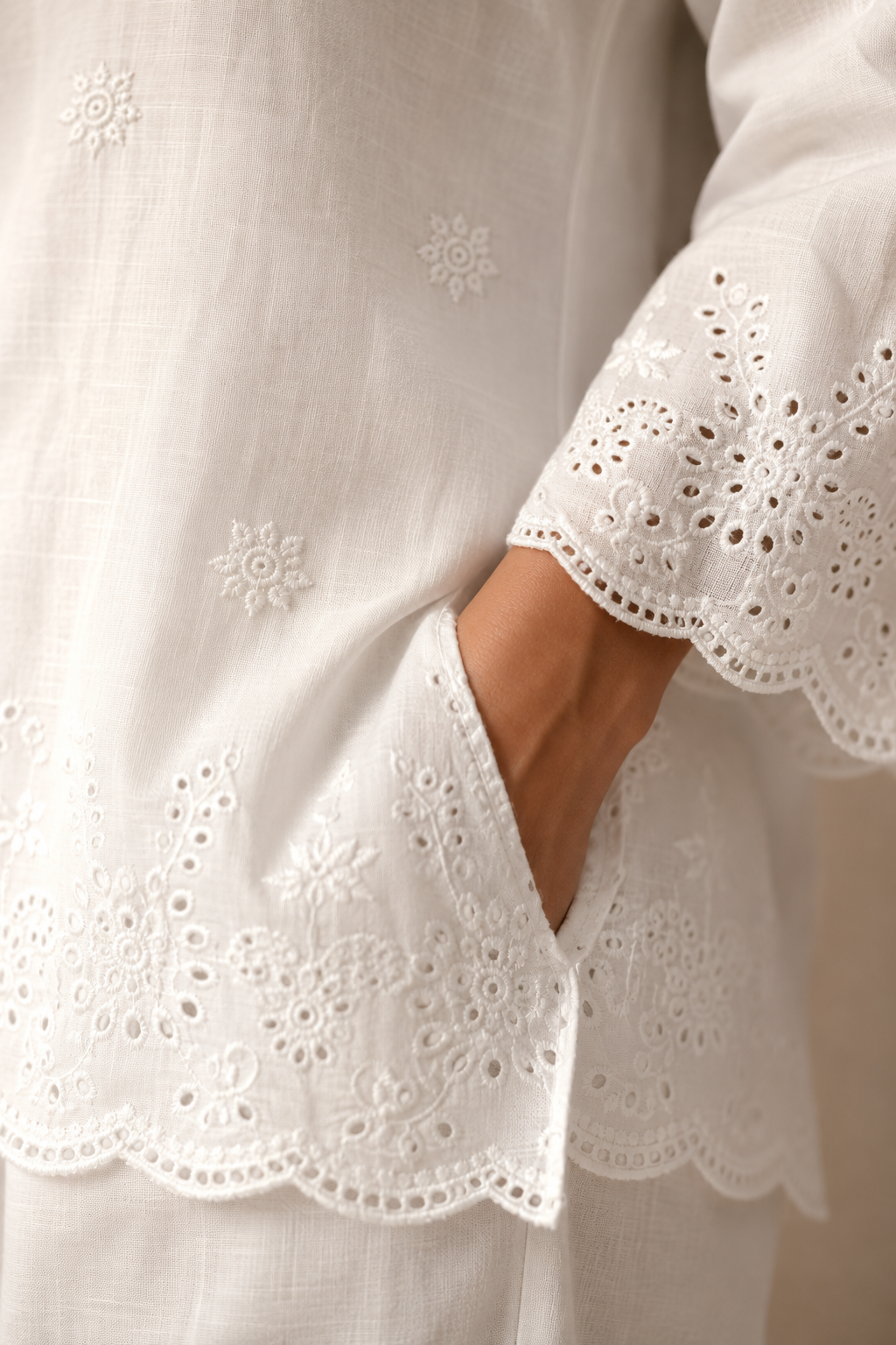 Bloom Women's White Cotton Chikankari Co-Ord Set | Embroidered Kurta & Pants