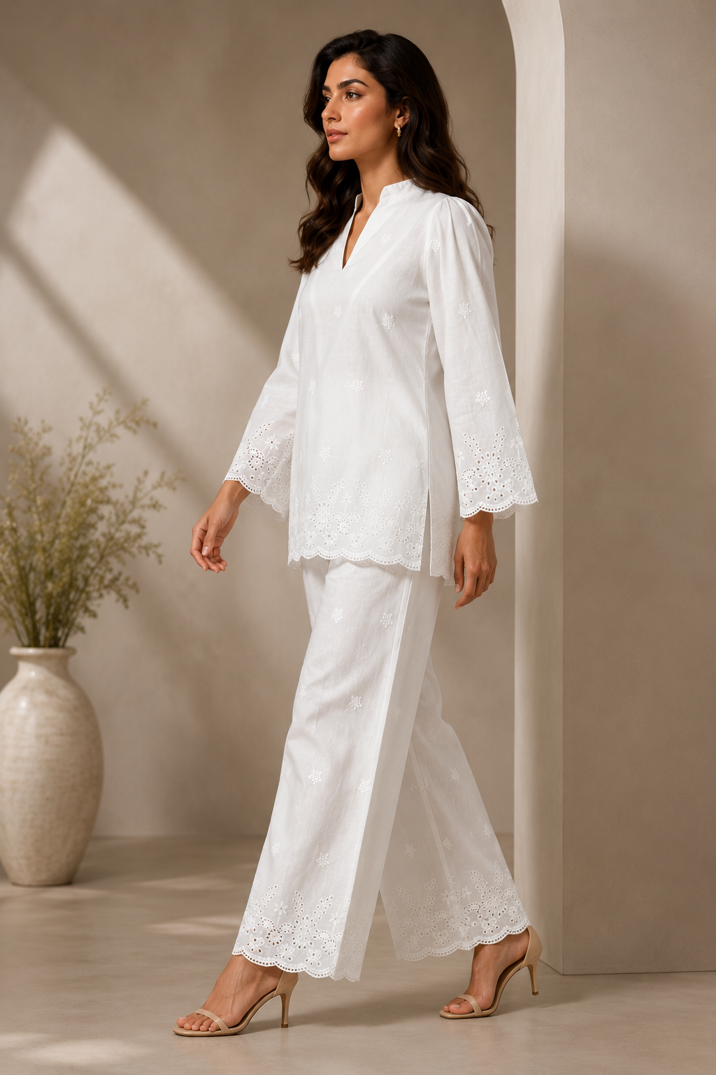 Bloom Women's White Cotton Chikankari Co-Ord Set | Embroidered Kurta & Pants