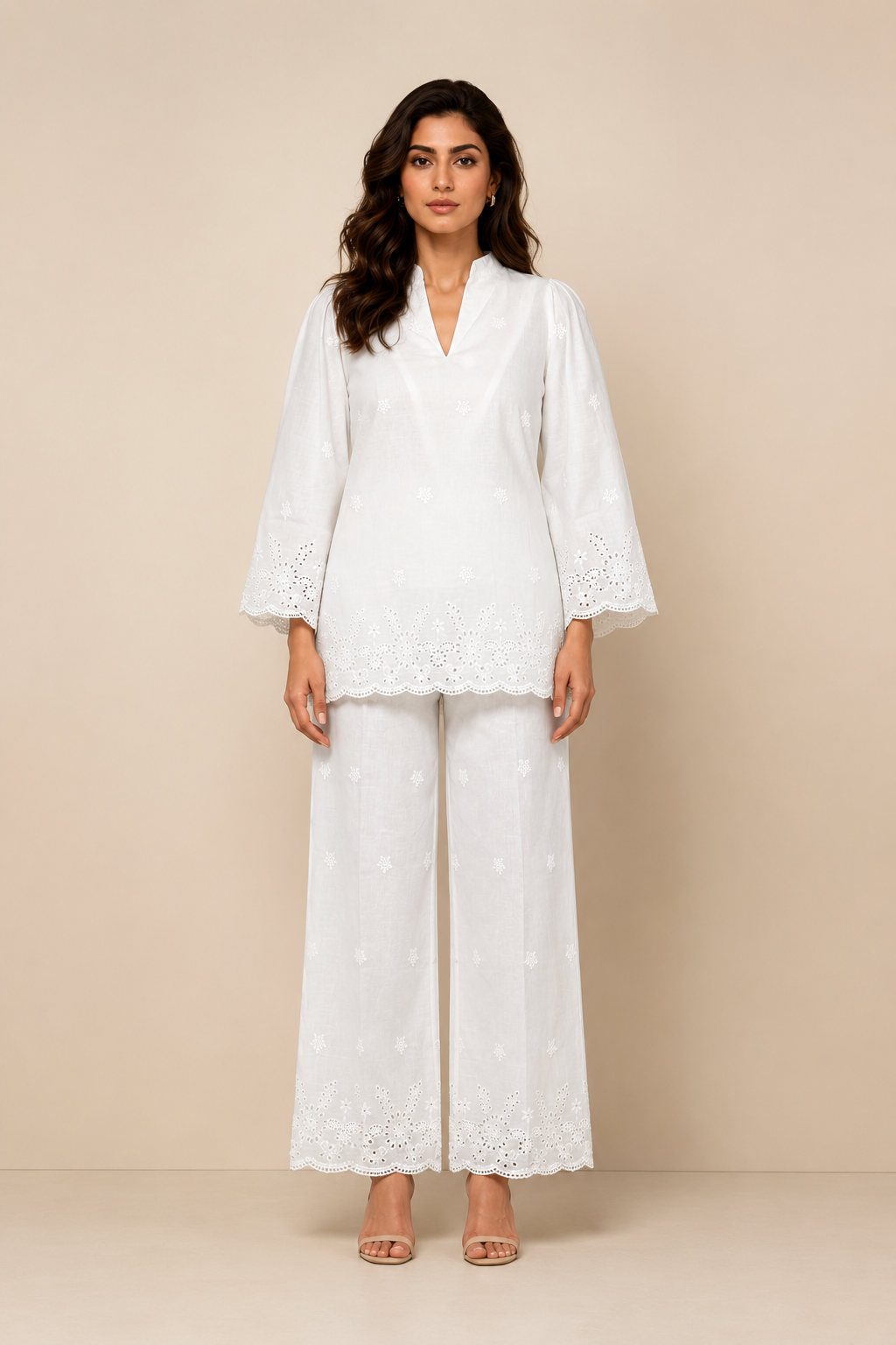 Bloom Women's White Cotton Chikankari Co-Ord Set | Embroidered Kurta & Pants