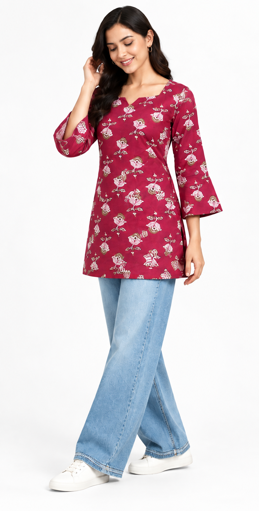Women’s Maroon Cotton Printed Kurti – Square Neck & Bell Sleeves