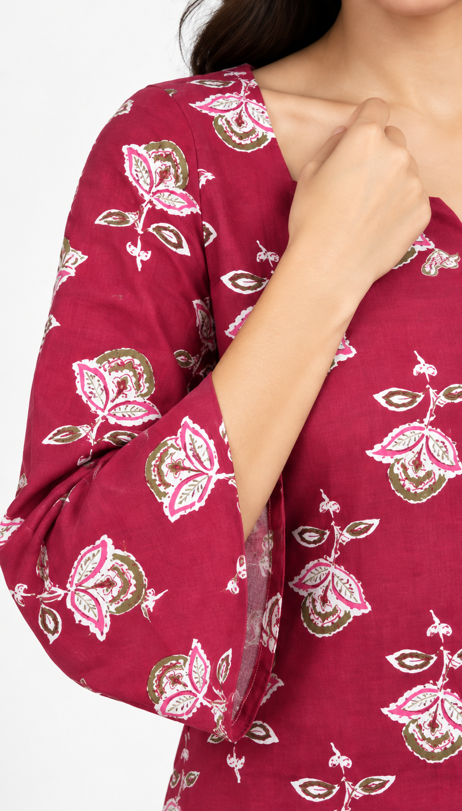Women’s Maroon Cotton Printed Kurti – Square Neck & Bell Sleeves