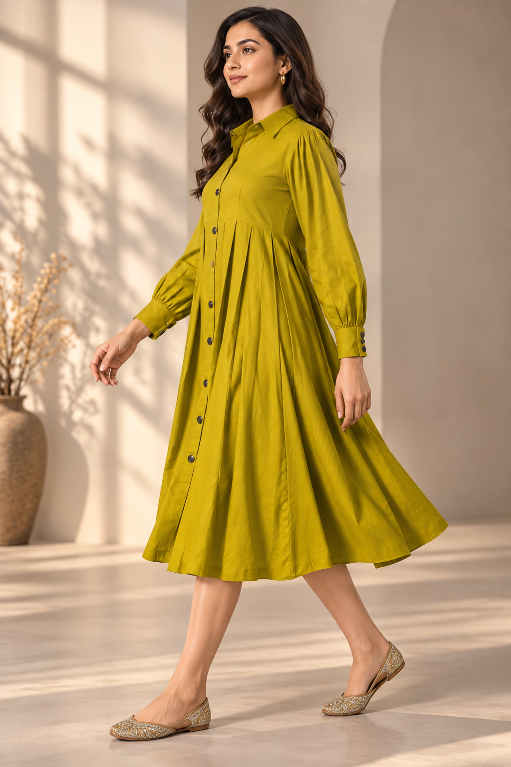 Women’s Cotton Flex Shirt Dress – Full Sleeves & Flared Fit