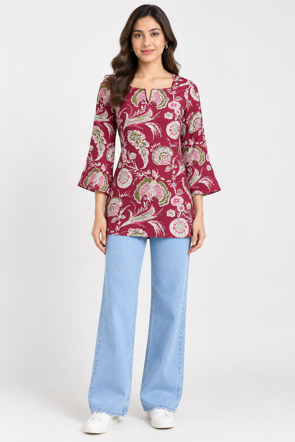 Women’s Maroon Cotton Printed Kurti – Square Neck & Bell Sleeves