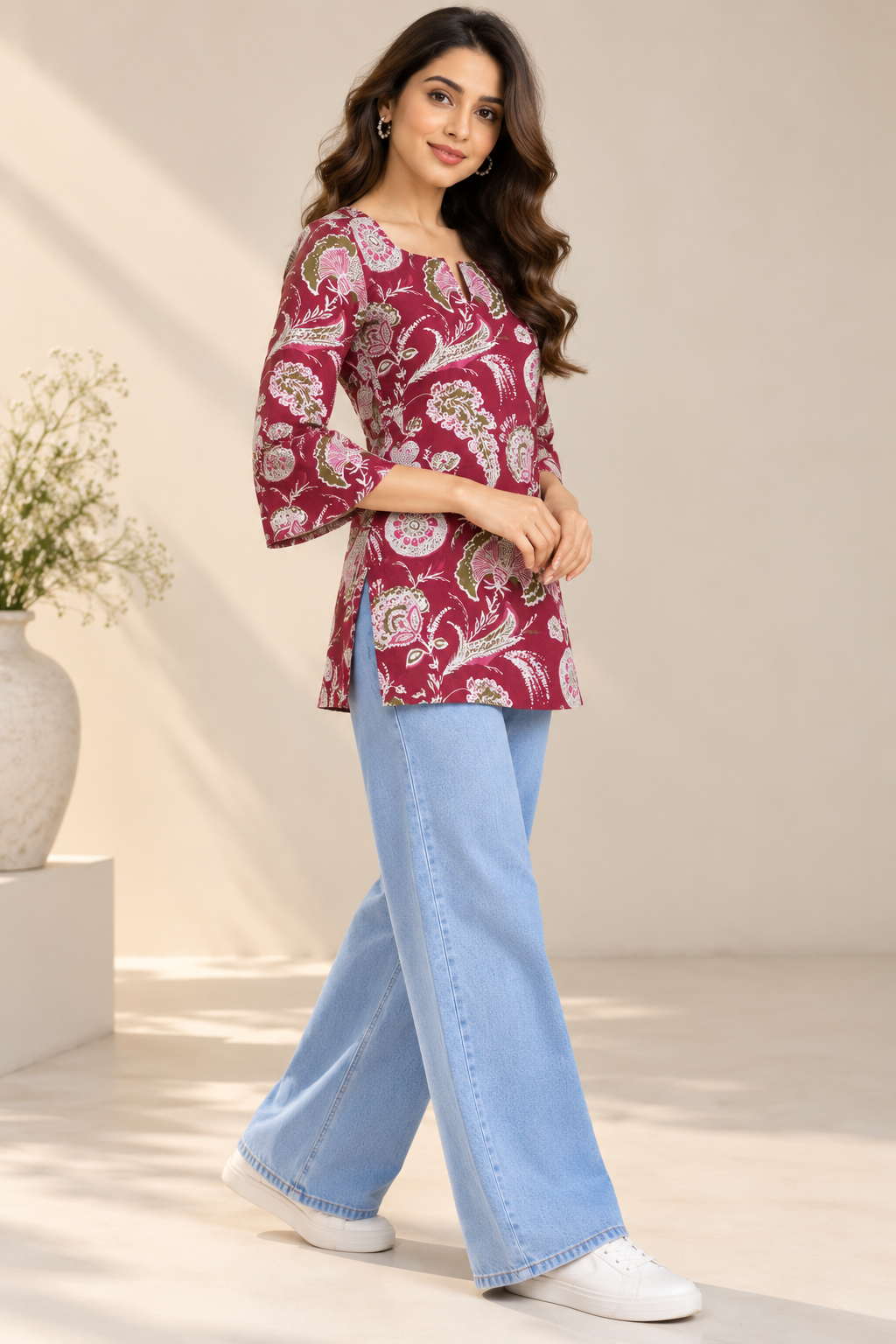 Women’s Maroon Cotton Printed Kurti – Square Neck & Bell Sleeves