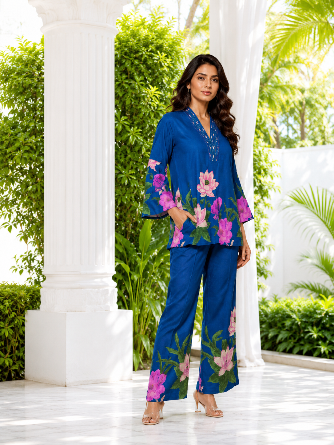 Bloom Blue Floral Cotton Co-Ord Set for Women | Printed Top & Pants Set