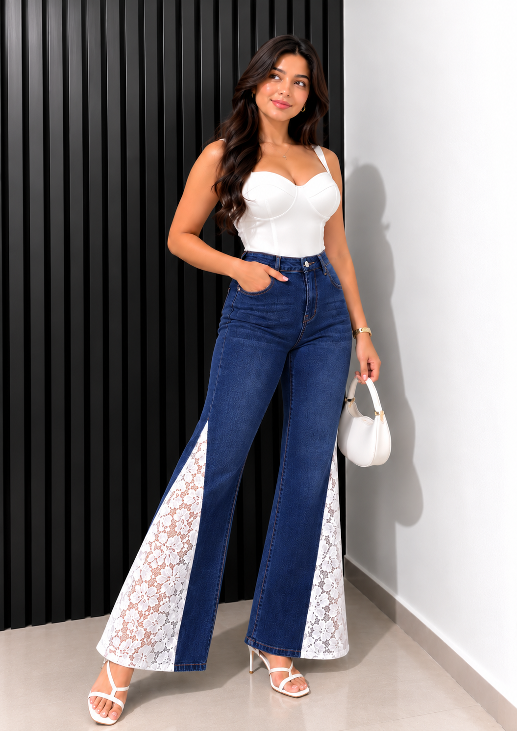 Engage Dark Blue Women's Lace Panel Wide Leg Flared Jeans – High-Rise Trousers