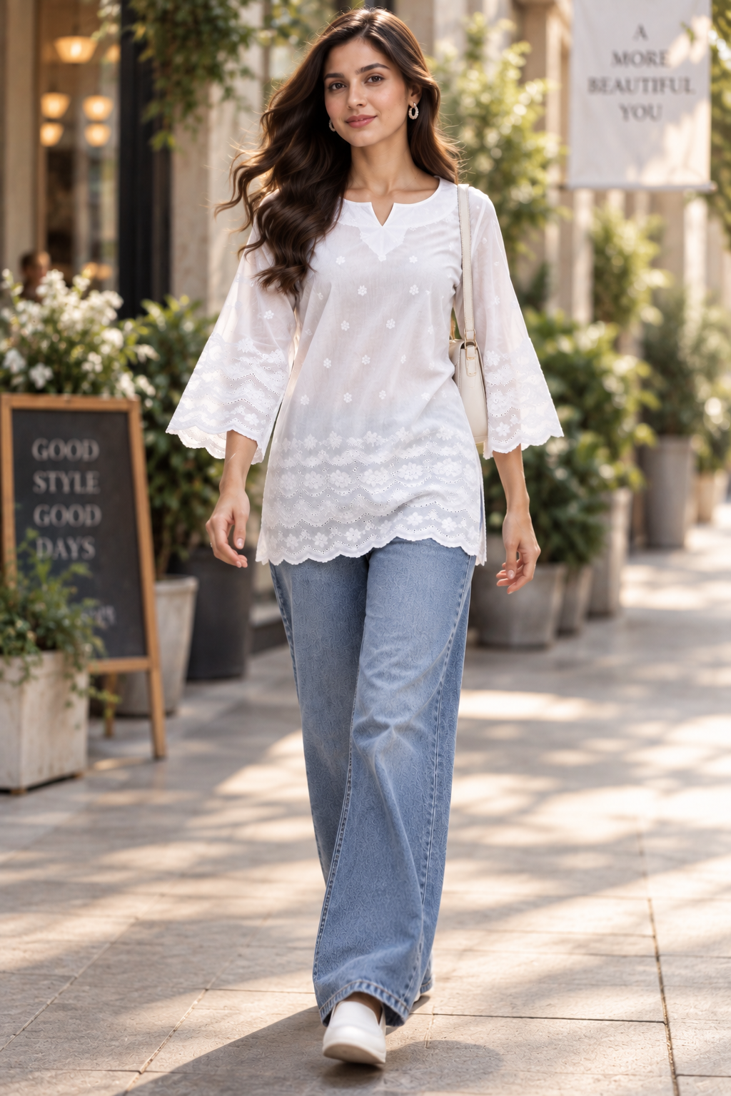 Pari Women’s White Cotton Chikankari Embroidered Kurti Top – V-Neck