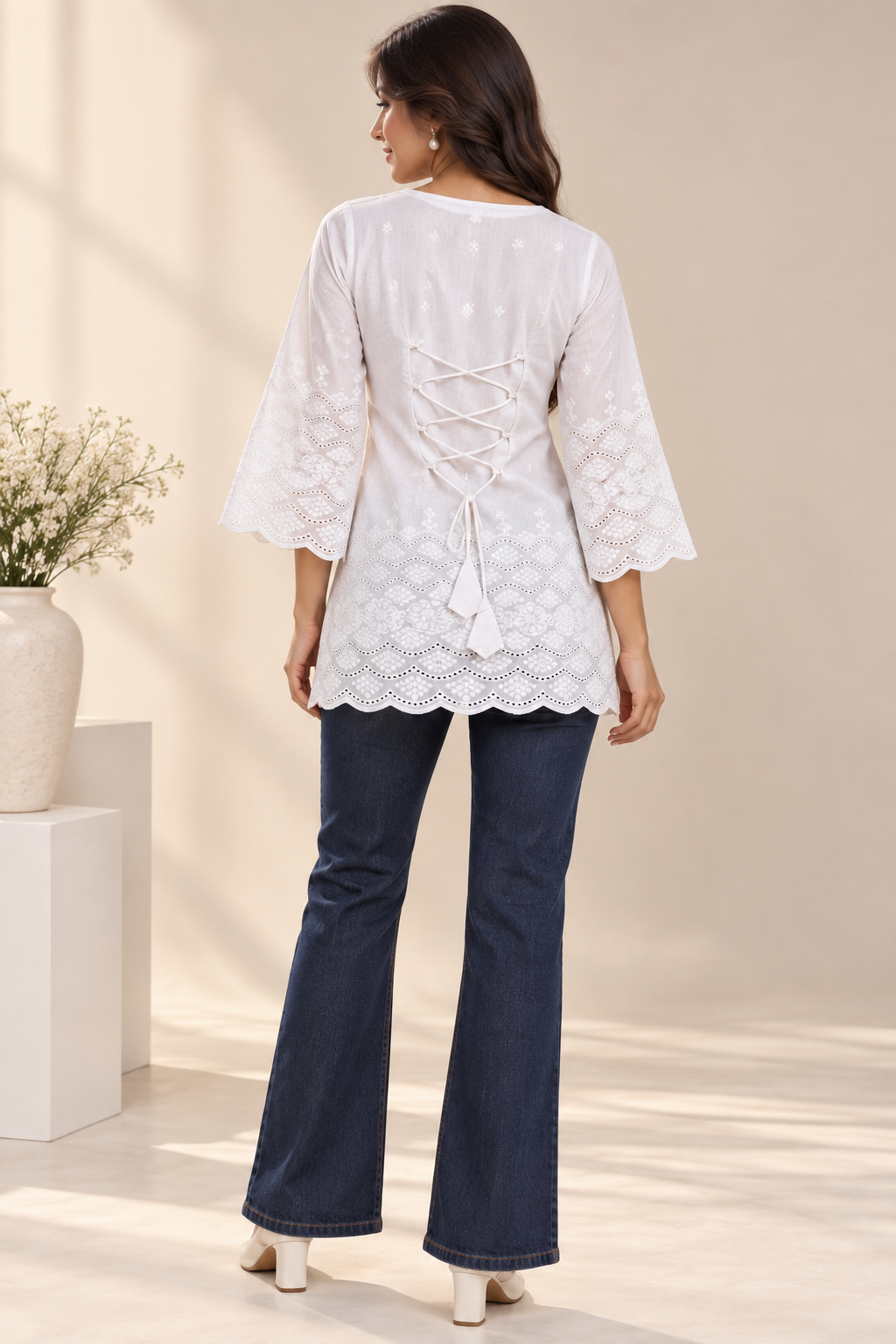 Pari Women’s White Cotton Chikankari Embroidered Kurti Top – V-Neck