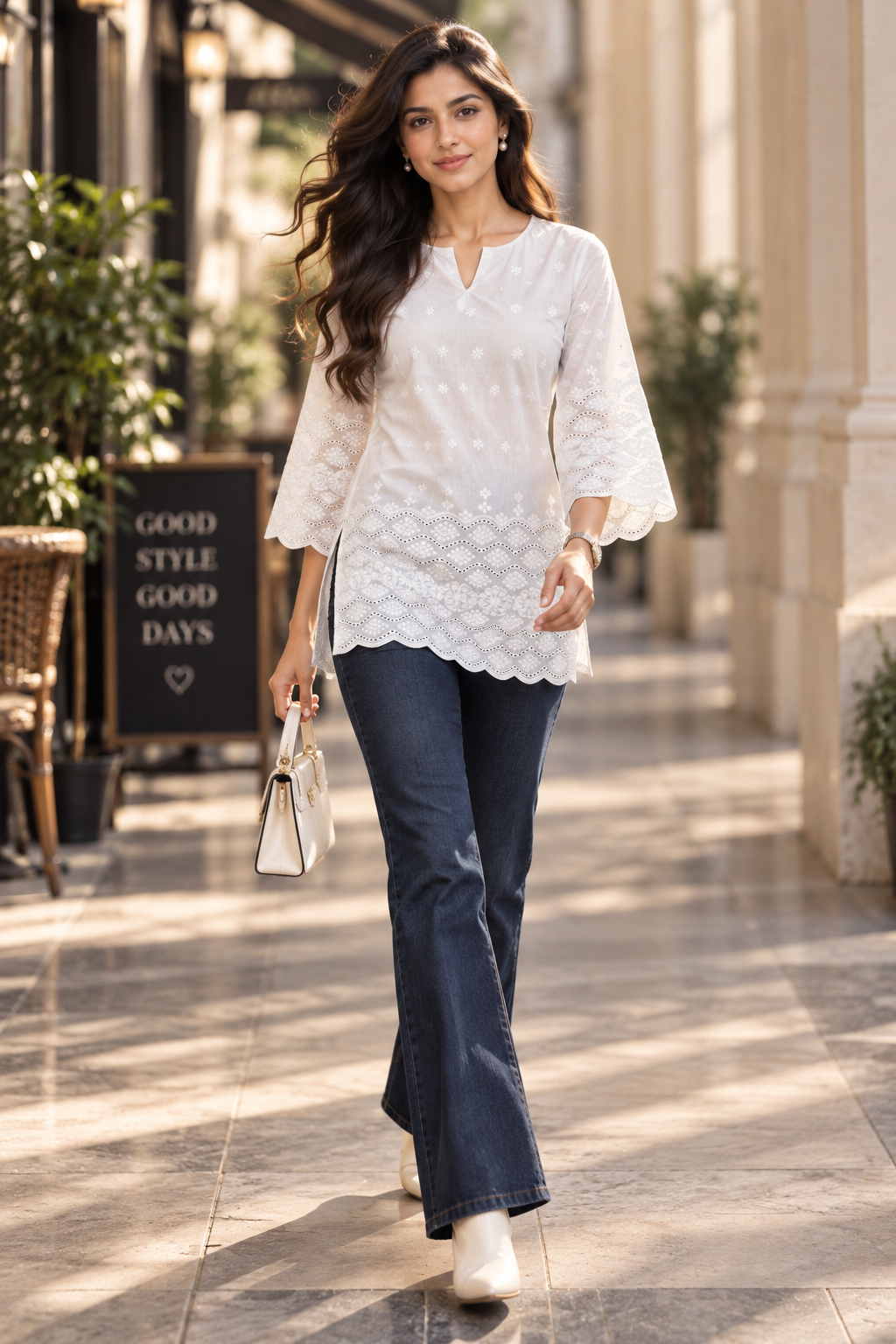 Pari Women’s White Cotton Chikankari Embroidered Kurti Top – V-Neck