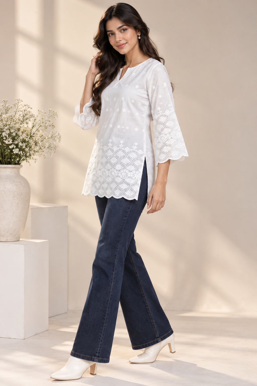 Pari Women’s White Cotton Chikankari Embroidered Kurti Top – V-Neck