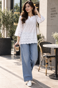 Pari Women’s White Cotton Chikankari Embroidered Kurti Top – V-Neck