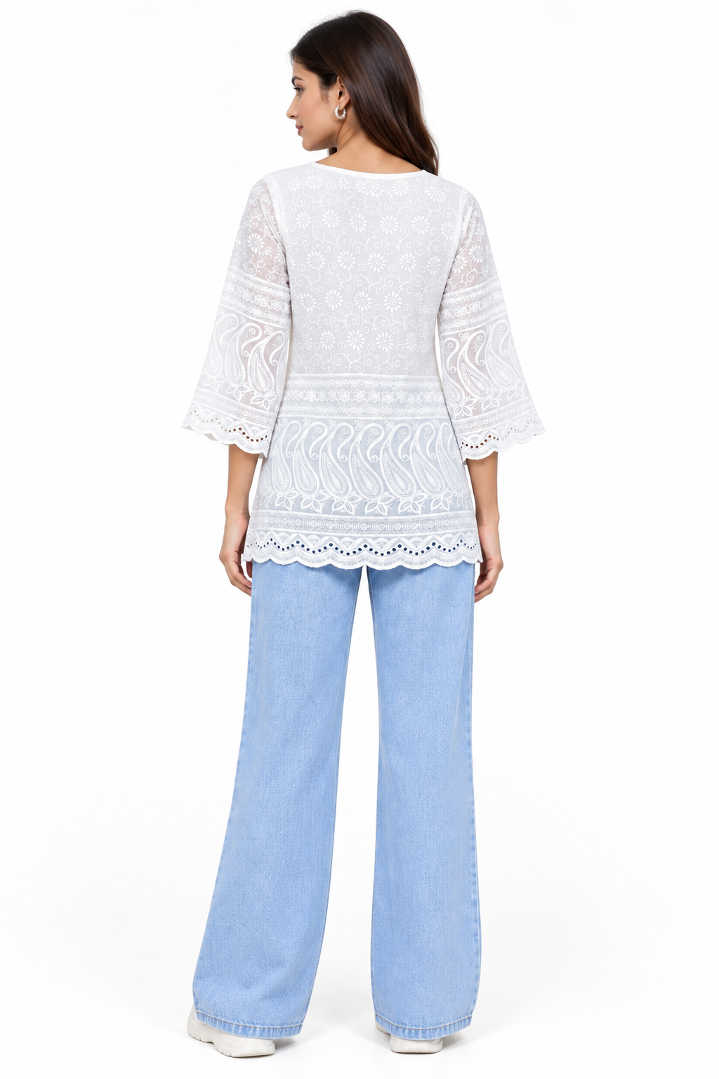 Pari Women’s White Cotton Chikankari Embroidered Kurti Top – V-Neck