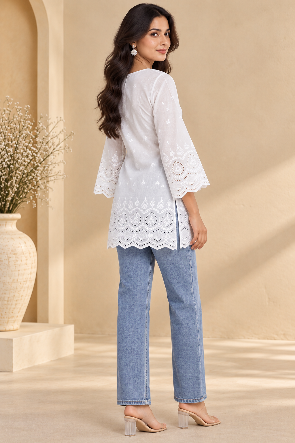 Pari Women’s White Cotton Chikankari Embroidered Kurti Top – V-Neck